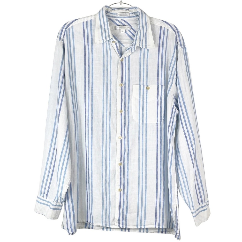 Geoffrey Beene Men's Vertical Blue Stripe White Linen Button Down Shirt Size L